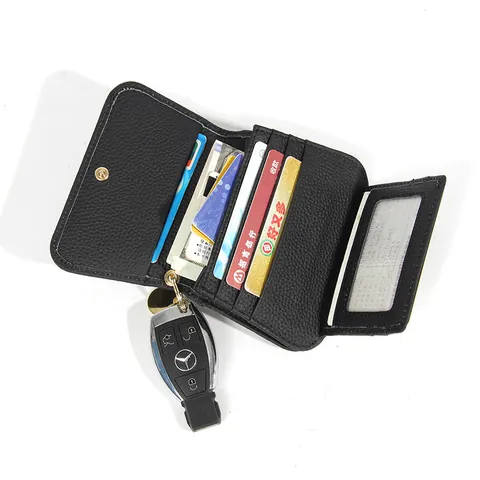 Portefeuille pour Femme en Cuir Véritable Protection RFID Cuir de Vachette Texture Litchi Porte Cartes Court Avec Porte Clés Anneau