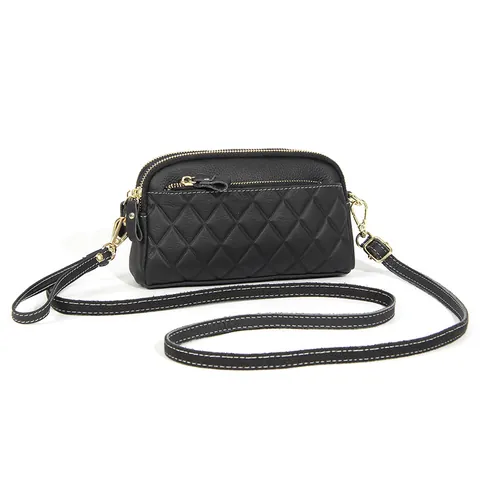 Women Genuine Leather Crossbody Bag Diamond Quilted First Layer Cowhide Multi-Layer Zipper Shoulder Bag Fashion Small Square Bag