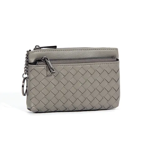 Woven Sheepskin Genuine Leather Coin Purse Women Small Wallet With Key Ring Double Zipper Mini Pouch Card Holder Bag