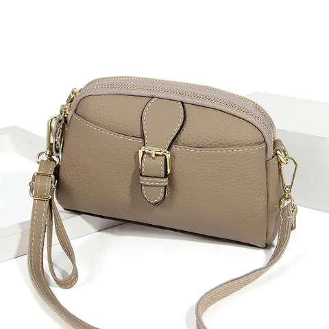 Women First Layer Cowhide Crossbody Bag Large Capacity Litchi Pattern Shoulder Bag Multi Zipper Square Purse Daily Use