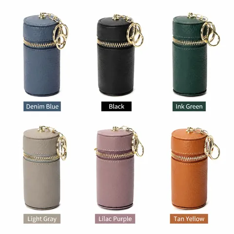 Mini Genuine Leather Key Case Top Layer Cowhide Lipstick Organizer Litchi Texture Cylinder Pouch With Gold Keychain Hook For Women Men