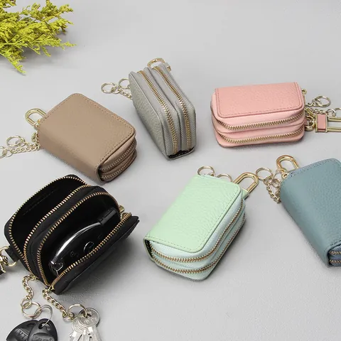 Top Grain Cowhide Leather Key Wallet Double Zipper Lychee Pattern Car Key Bag With Metal Hook For Men Women Daily Use