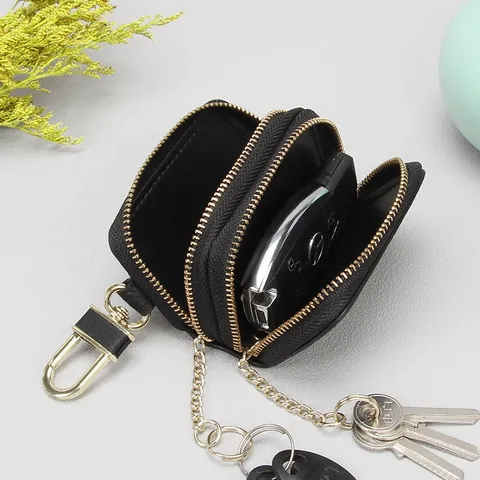 Top Grain Cowhide Leather Key Wallet Double Zipper Lychee Pattern Car Key Bag With Metal Hook For Men Women Daily Use