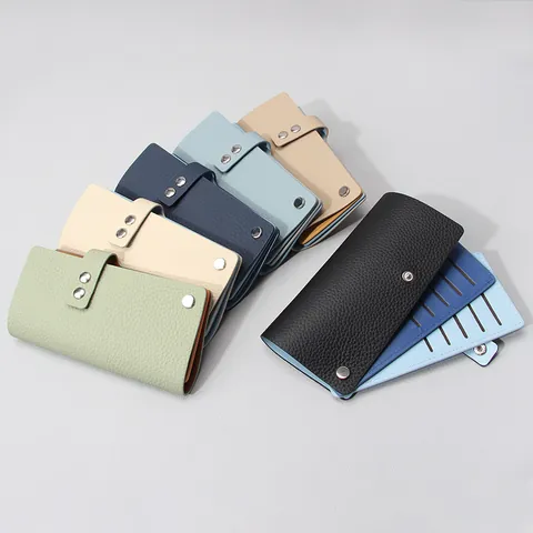 Echtleder Kartenhalter Damen Kopfschicht-Rindsleder Minimalistisch Litschikorn Schiebe-Kartenhalter Multi-Slot Kontrastfarbe Portemonnaie