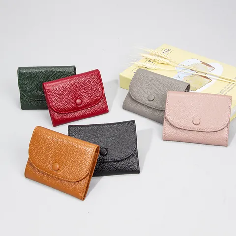 Portamonete da Donna in Pelle di Vacchetta Primo Strato Motivo Litchi Portafoglio in Vera Pelle Slot per Carte Bottone Tasca
