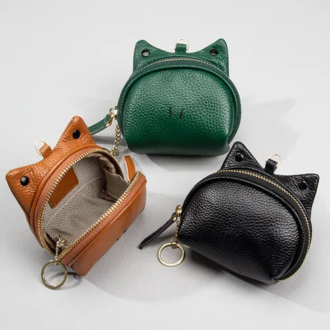 Lussuoso Portamonete in Pelle Bovina di Primo Strato a Forma di Orecchie di Gatto per Donna Texture Litchi Mini Portafoglio Con Portachiavi Custodia a Cerniera