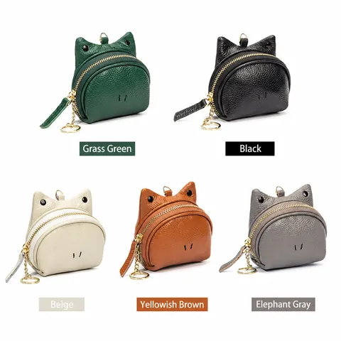 Lussuoso Portamonete in Pelle Bovina di Primo Strato a Forma di Orecchie di Gatto per Donna Texture Litchi Mini Portafoglio Con Portachiavi Custodia a Cerniera