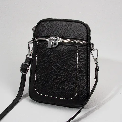 Women Top Layer Cowhide Cell Phone Crossbody Bag Genuine Leather Litchi Pattern Double Zipper Small Shoulder Bag Daily Purse
