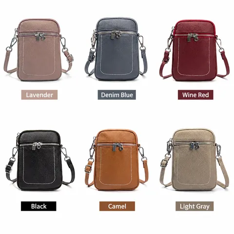 Damen Handy Umhängetasche Aus Echtem Leder Mit Litchi-Muster Doppelreißverschluss Kleine Schultertasche Oberste Schicht Kuhleder