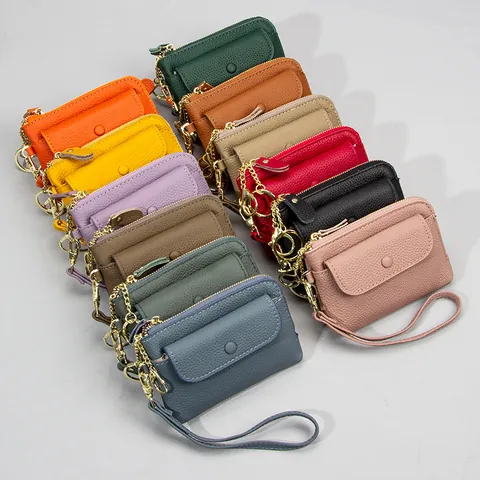 Women First Layer Cowhide Litchi Grain Coin Purse Mini Wallet With Snap Button Front Pocket Zipper Key Ring Wrist Strap Change Pouch