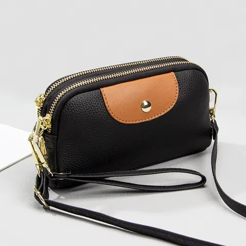 Damen Echtleder Crossbody Tasche Litchi Narbung Top Layer Rindsleder Mehrfachtaschen Schultertasche Mit Handgelenkschlaufe Kleine Quadratische Tasche
