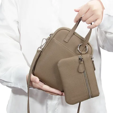 Women Genuine Leather Mobile Phone Bag Top Layer Cowhide Crossbody With Small Purse Litchi Pattern Vertical Shoulder Bag