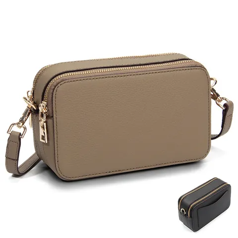 Damen Echtes Leder Umhängetasche Litschi-Maserung Doppelreißverschluss Kleine Quadratische Tasche Mode Rindsleder Kamera Schultertasche Goldbeschläge