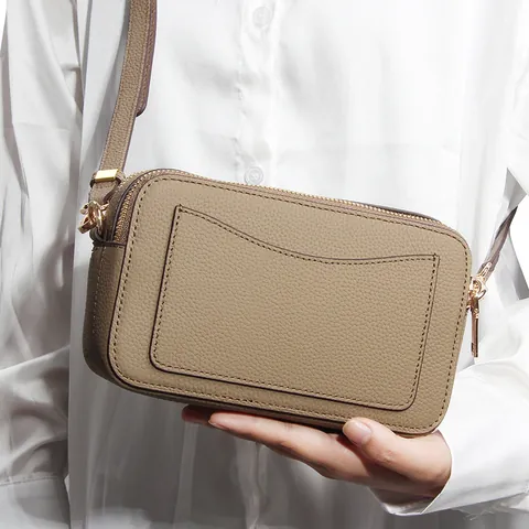 Damen Echtes Leder Umhängetasche Litschi-Maserung Doppelreißverschluss Kleine Quadratische Tasche Mode Rindsleder Kamera Schultertasche Goldbeschläge