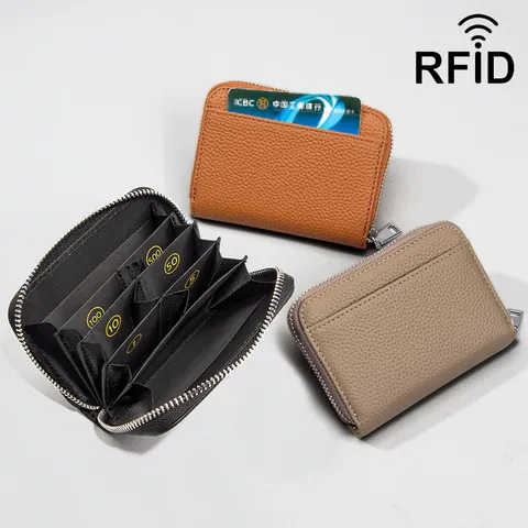 RFID Schutz Kopfschicht Rindsleder Geldbörse Damen Litchi Muster Münzbörse Nummernsteckplätze Kleiner Reißverschluss Halter