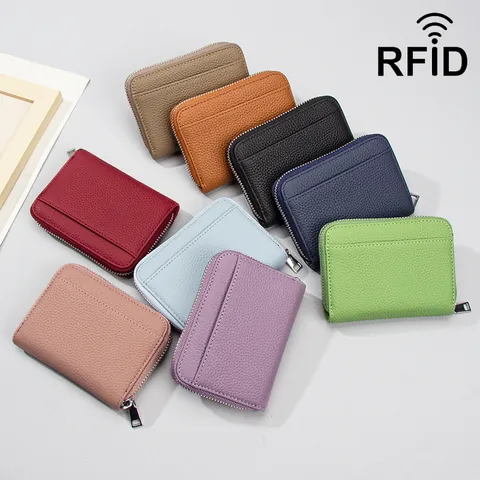RFID Schutz Kopfschicht Rindsleder Geldbörse Damen Litchi Muster Münzbörse Nummernsteckplätze Kleiner Reißverschluss Halter