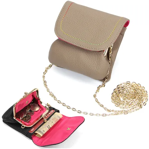 Women Genuine Top Layer Cowhide Leather Coin Purse Mini Chain Crossbody Bag Litchi Texture Wallet With Kiss Lock Rainbow Stitching
