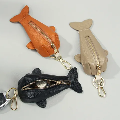 Simpatico Portamonete in Vera Pelle a Forma di Balena Portachiavi Donna Mini Custodia Chiavi Ciondolo Borsa Motivo Litchi Cerniera