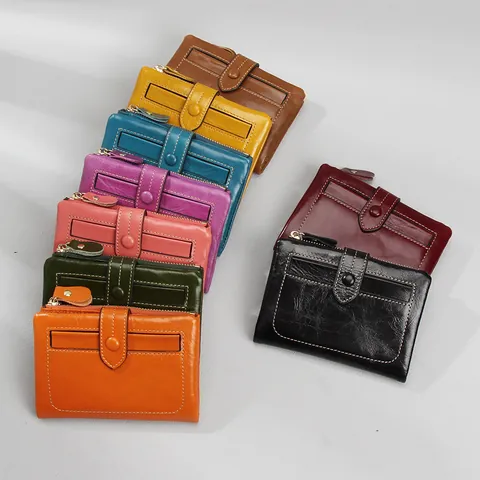 Women's Vintage First Layer Waxed Cowhide Leather Short Wallet Multi-functional Card Holder Zip Coin Purse Solid Color