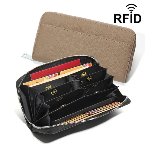 Damen RFID Blockierung Lang Leder Geldbörse Kopfschicht Rindsleder Kieselnarbung Reißverschluss Organizer Mit Münzfächern