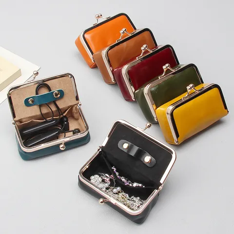 Retro Toplaag Olie Wax Leer Beugelsluiting Zakje Voor Sieraden Lippenstift Munten Opslag Mini Sieradentas Met Metalen Sluiting Voor Vrouwen