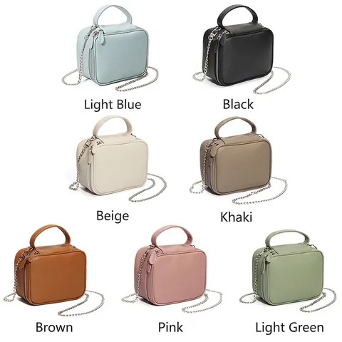 Genuine Leather Crossbody Bag Women Top Layer Cowhide Litchi Grain Small Box Bag With Silver Chain Strap Handbag