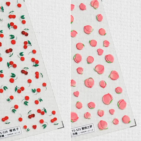 Japanese 5D Relief Nail Stickers Sweet Peach Cherry Pattern 3D Embossed Transparent Self Adhesive Nail Art Decals For Women