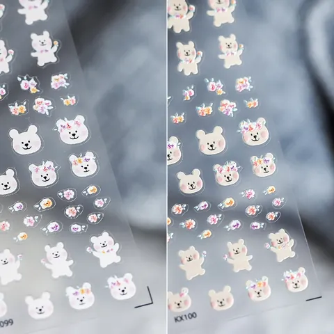 Cute Cartoon Bear Floral Nail Art Stickers Ultra Thin Self Adhesive 3D Relief Embossed Nail Decals For Women Manicure Decor