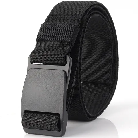 Men Elastic Nylon Tactical Belt With Plastic POM Buckle Hole-Free Adjustable Casual Woven Outdoor Sport Waist Belt