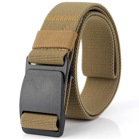 Men Elastic Nylon Tactical Belt With Plastic POM Buckle Hole-Free Adjustable Casual Woven Outdoor Sport Waist Belt