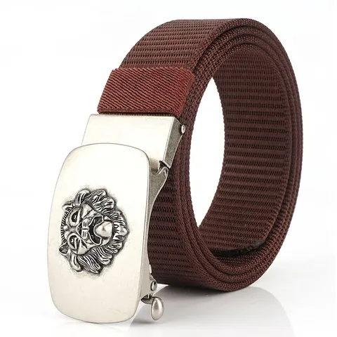 Cintura da Uomo con Fibbia Automatica in Lega di Zinco con Testa di Leone Goffrata in Nylon Intrecciato Casual Tattica Quotidiana