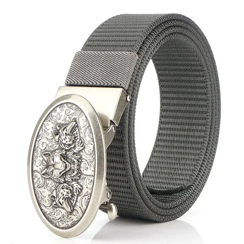 Men's Tactical Nylon Web Belt With Wolf Head Embossed Zinc Alloy Automatic Buckle Casual Outdoor Military Style Adjustable Waist Belt For Men