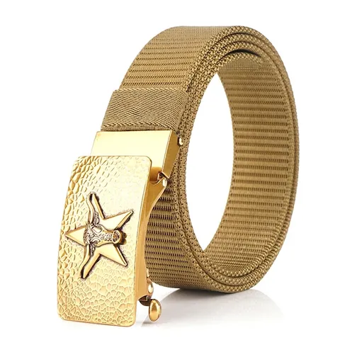 Cintura Tattica in Nylon da Uomo Con Fibbia Automatica in Lega Rilievo Testa di Toro Stella Vintage Casual Regolabile da Esterno