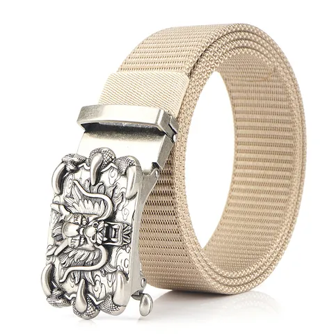 Men's Casual Nylon Waist Belt With Zinc Alloy Automatic Buckle Vintage Chinese Dragon Relief Embossed Tactical Canvas Belt For Outdoor Wear