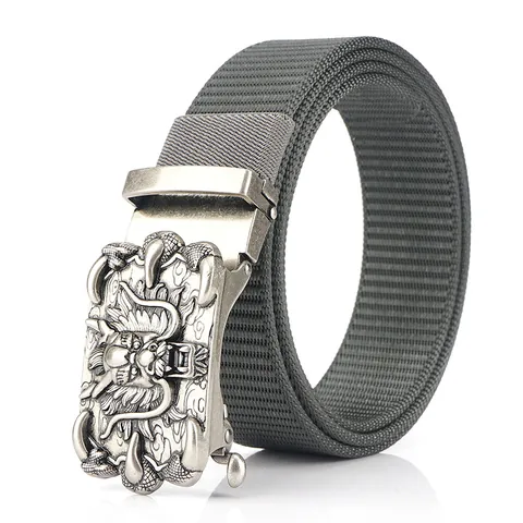 Men's Casual Nylon Waist Belt With Zinc Alloy Automatic Buckle Vintage Chinese Dragon Relief Embossed Tactical Canvas Belt For Outdoor Wear