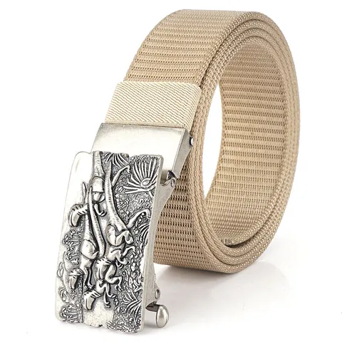 Men's Nylon Belt With Zinc Alloy Automatic Buckle Dinosaur Elephant Embossed Tactical Outdoor Casual Waistband Accessory