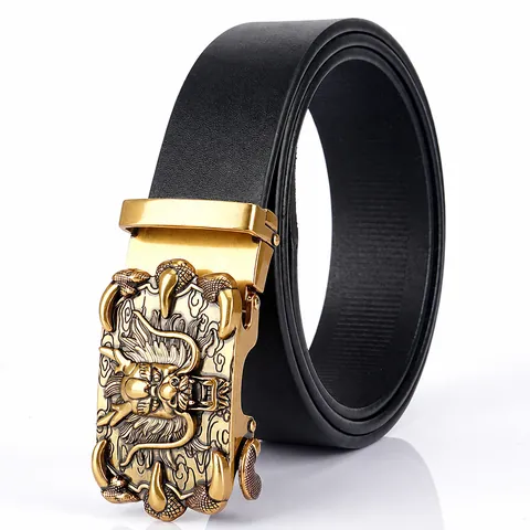 Men Genuine Leather Belt With Dragon Relief Automatic Buckle Vintage Business Casual Top Grain Cowhide Waistband For Men