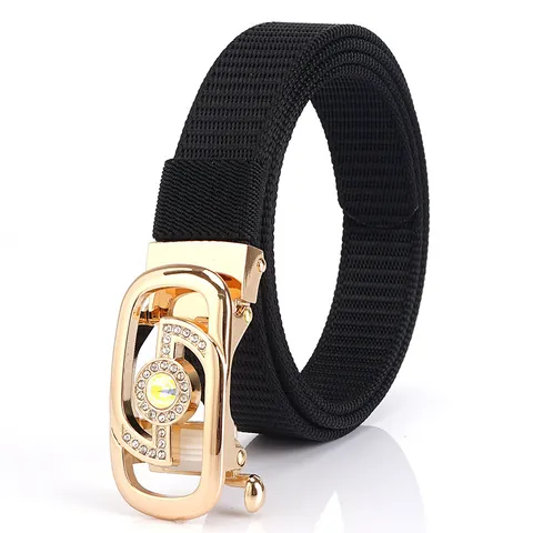 Women Fashion Braided Nylon Belt Luxury Rhinestone Inlaid Alloy Automatic Buckle Adjustable Casual Waist Strap For Dresses Jeans