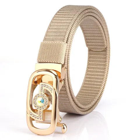 Women Fashion Braided Nylon Belt Luxury Rhinestone Inlaid Alloy Automatic Buckle Adjustable Casual Waist Strap For Dresses Jeans