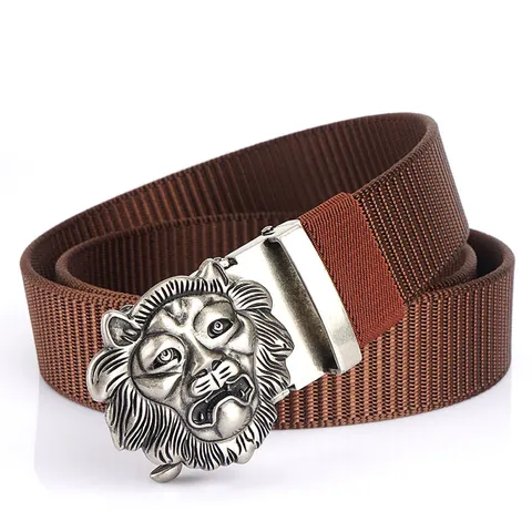 Men Casual Tactical Nylon Belt With Antique Lion Head Zinc Alloy Automatic Buckle Adjustable Military Waistband For Outdoor Wear