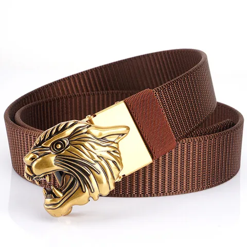 Men's Tactical Nylon Belt With 3D Relief Tiger Head Zinc Alloy Automatic Buckle Casual Outdoor Adjustable Waist Strap Accessories