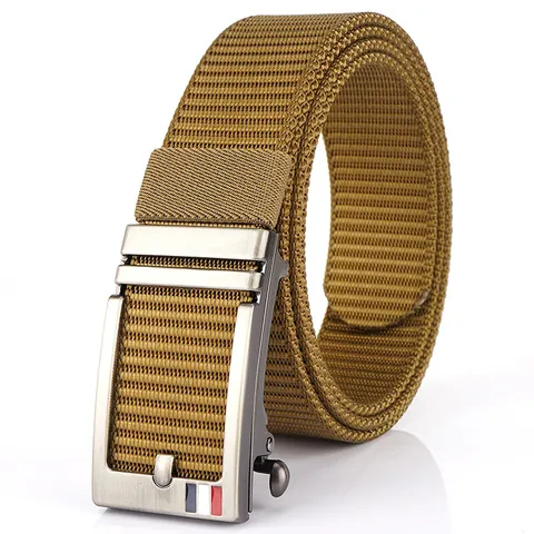 Men's Nylon Woven Belt Automatic Zinc Alloy Buckle Casual Business Tactical Waist Strap Tri Color Stripe Adjustable Fashion Accessories