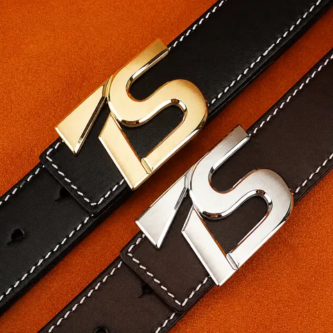 Men's Genuine Cowhide Leather Belt With Stainless Steel Smooth Buckle Business Casual Waist Strap Contrast Stitching