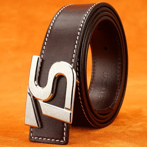 Men's Genuine Cowhide Leather Belt With Stainless Steel Smooth Buckle Business Casual Waist Strap Contrast Stitching