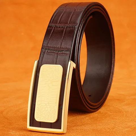 Cintura da Uomo in Pelle Bovina Pieno Fiore Business Casual Motivo Coccodrillo Fibbia Automatica in Acciaio Inossidabile