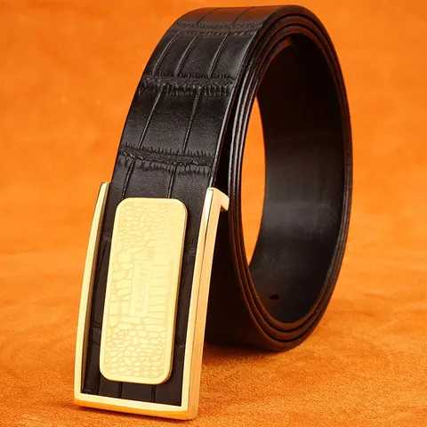 Cintura da Uomo in Pelle Bovina Pieno Fiore Business Casual Motivo Coccodrillo Fibbia Automatica in Acciaio Inossidabile