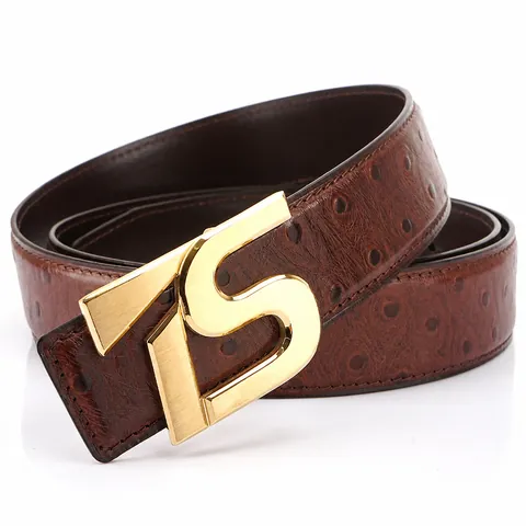 Men's Top Grain Cowhide Leather Belt With Ostrich Pattern Stainless Steel Smooth Buckle Business Casual Fashion Waist Strap