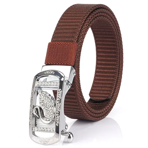 Women Fashion Nylon Woven Belt With Rhinestone Swan Automatic Alloy Buckle Casual Adjustable Waistband Accessories