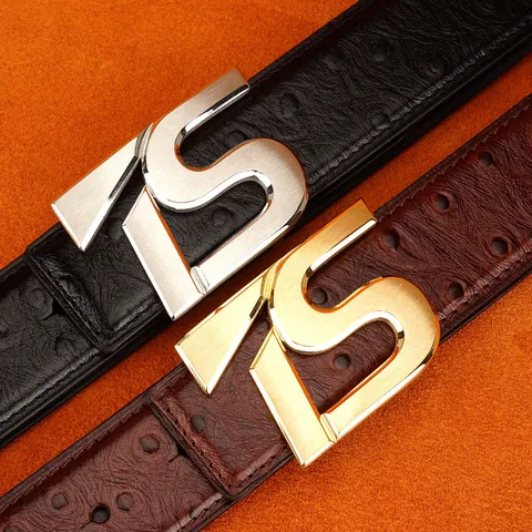 Men's Top Grain Cowhide Leather Belt With Ostrich Pattern Stainless Steel Smooth Buckle Business Casual Fashion Waist Strap
