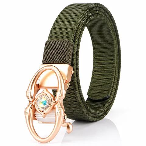 Women Men Casual Woven Nylon Belt With Gold Zinc Alloy Rhinestone Automatic Buckle Trendy Adjustable Outdoor Leisure Fashion Waistband